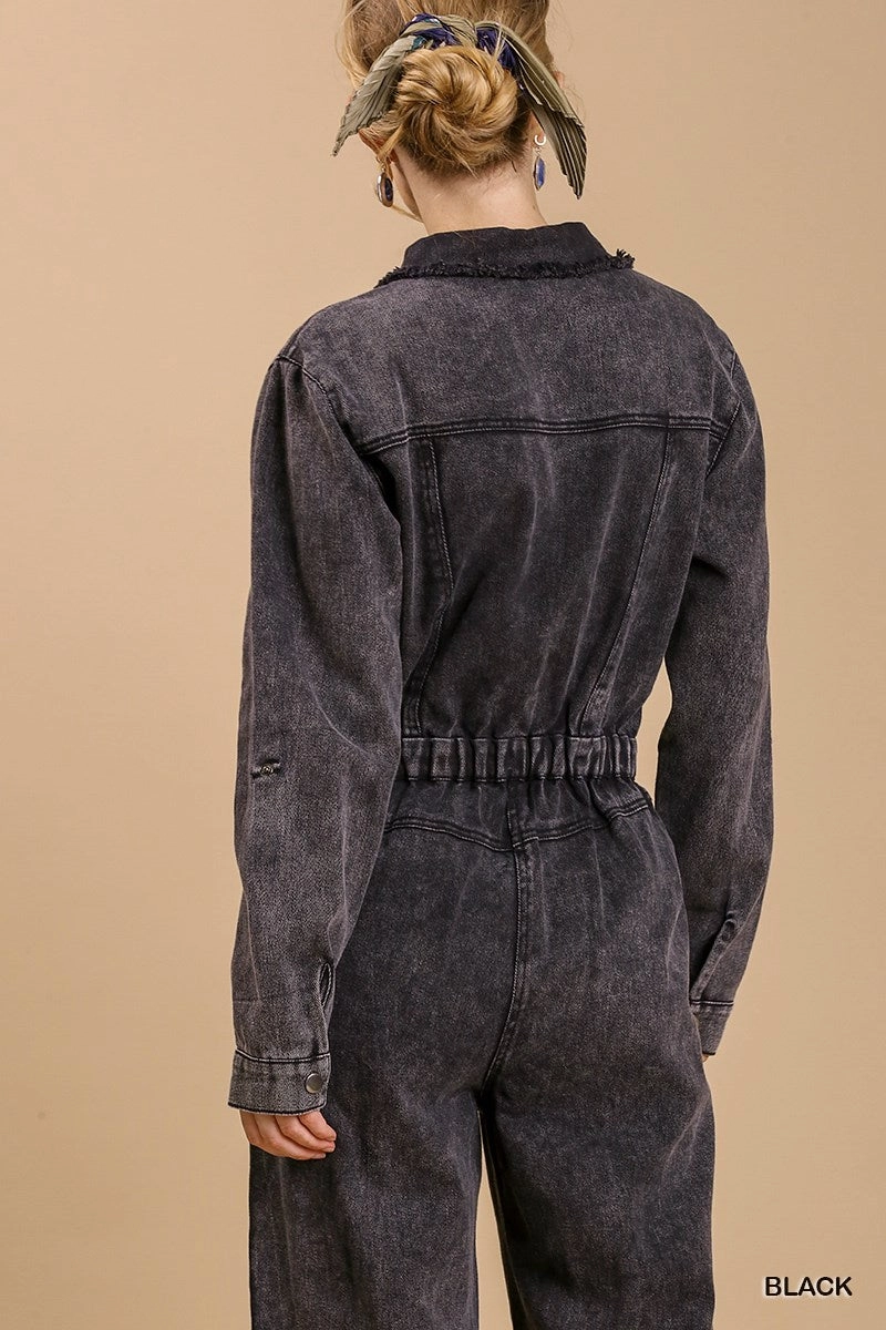 Daily Clearance Deal Mid Button Down Stone Wash Wide Leg Distressed Jumpsuit & Side Pockets With No Lining