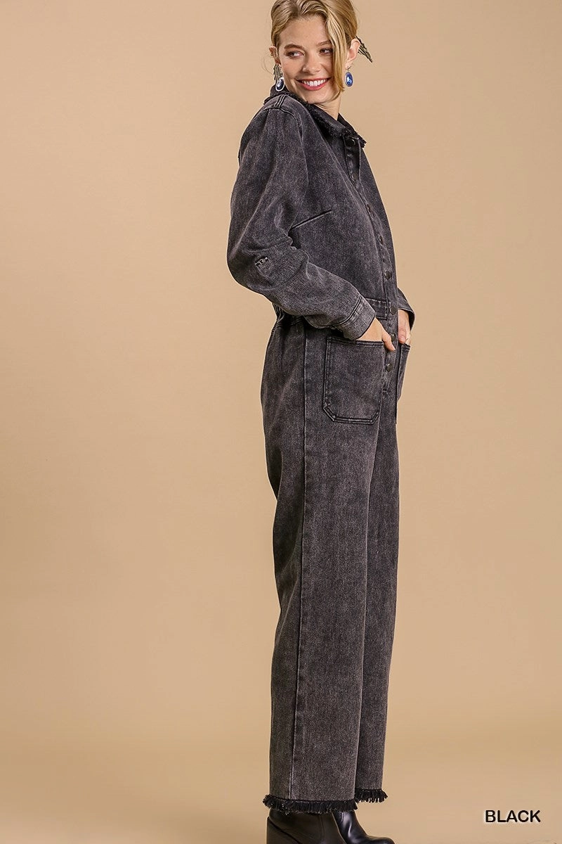 Mid Button Down Stone Wash Wide Leg Distressed Jumpsuit & Side Pockets With No Lining Trending Today Steal Todays Trending Deals