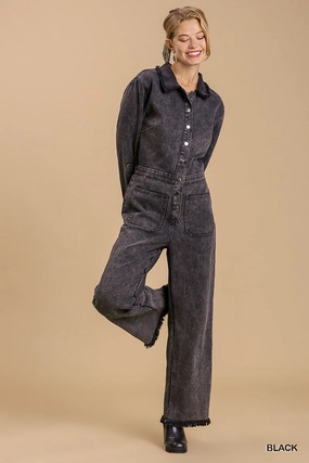Shop Today Save Mid Button Down Stone Wash Wide Leg Distressed Jumpsuit & Side Pockets With No Lining