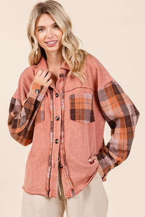 Mittoshop Button Down Contrast Plaid Patchwork Shacket Mega Online Discount Best Price Today