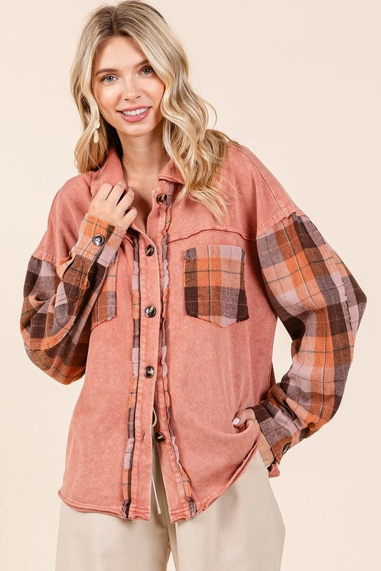 Mittoshop Button Down Contrast Plaid Patchwork Shacket Mega Online Discount Best Price Today