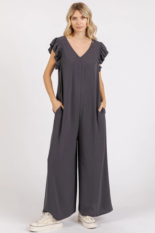 Online Deal Frenzy Mittoshop V-Neck Ruffled Cap Sleeve Wide Leg Jumpsuit