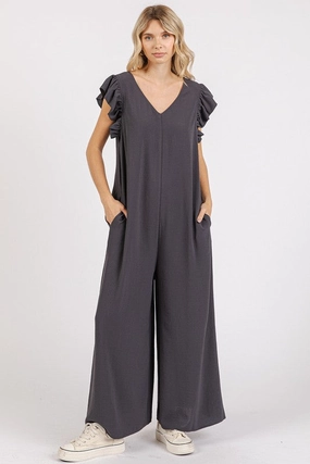 Online Deal Frenzy Mittoshop V-Neck Ruffled Cap Sleeve Wide Leg Jumpsuit