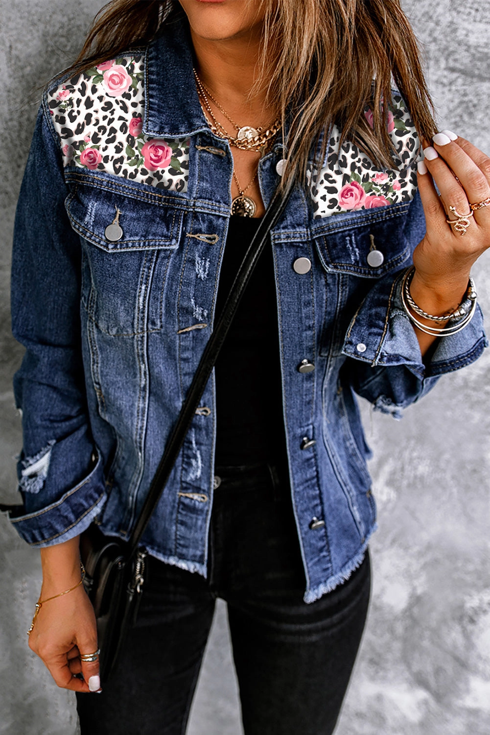 Shop Now Save Mixed Print Distressed Button Front Denim Jacket