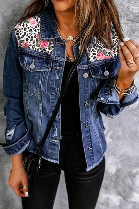 Daily Special Offer Mega Savings Now Mixed Print Distressed Button Front Denim Jacket