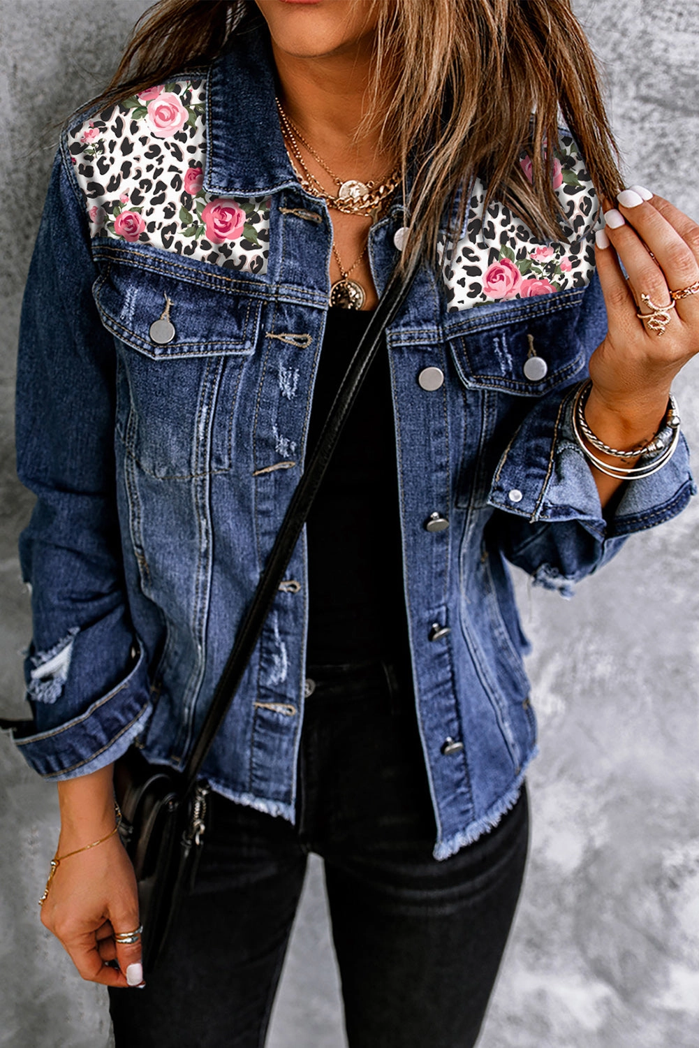 Best Deal Online Mixed Print Distressed Button Front Denim Jacket