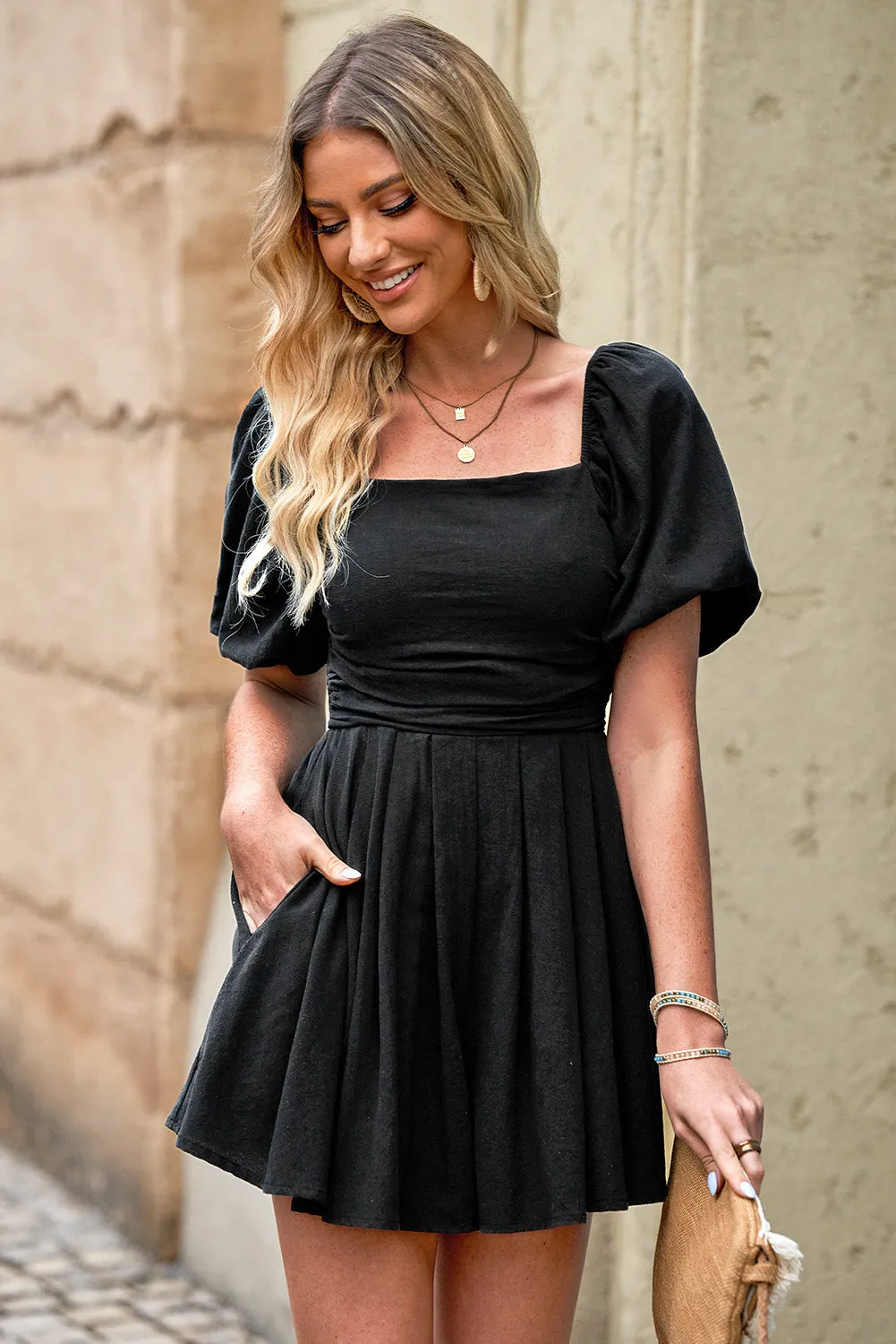 Trending Now Discount Big Savings Alert Square Neck Pleated Romper With Pockets