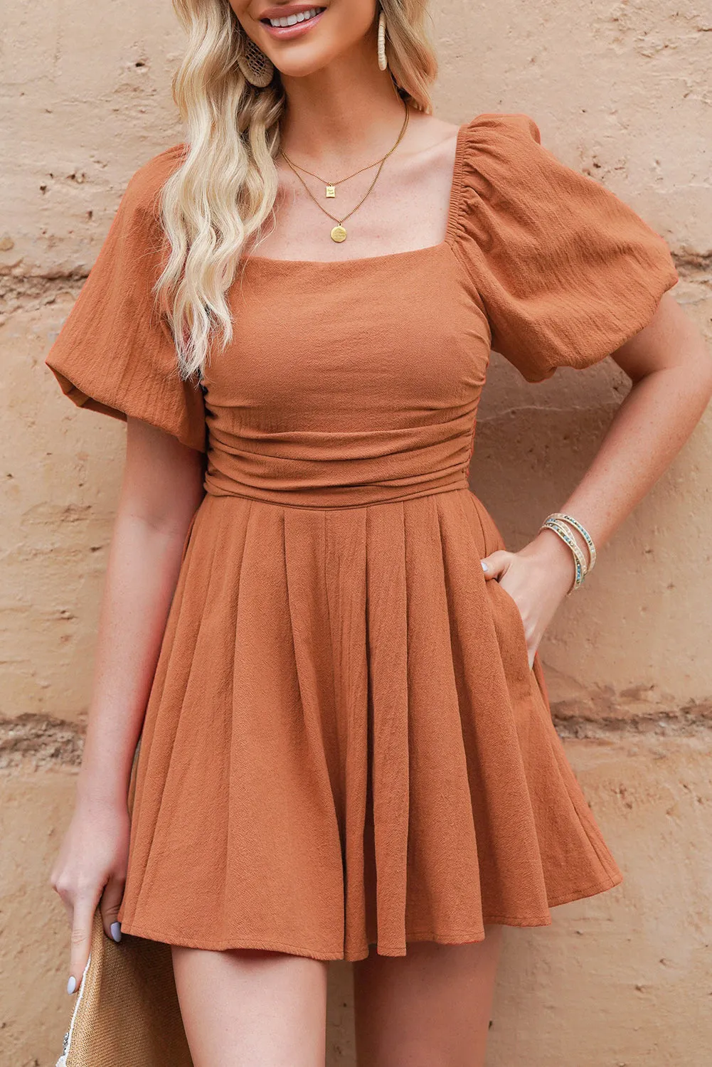 Square Neck Pleated Romper With Pockets Big Sale Today