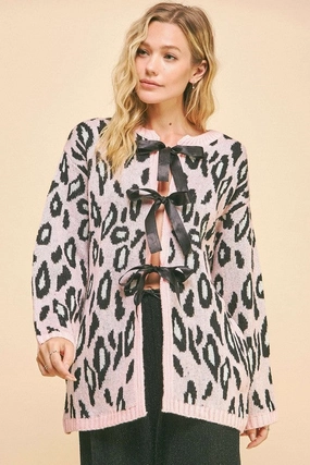 Limited Time Offer Dont Miss Out Davi & Dani Leopard Ribbon Tie Front Loose Fit Cardigan
