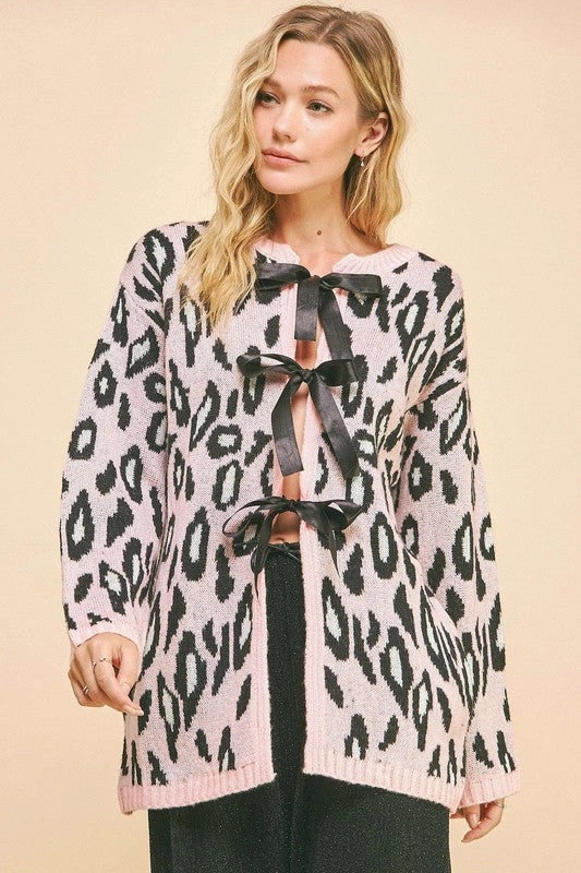 Davi & Dani Leopard Ribbon Tie Front Loose Fit Cardigan Big Sale Today Trending Now Discount