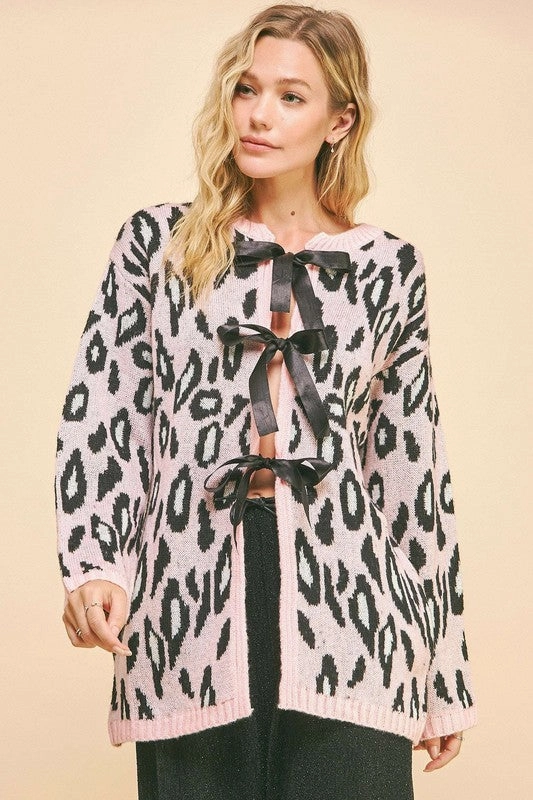 Limited Time Offer Dont Miss Out Davi & Dani Leopard Ribbon Tie Front Loose Fit Cardigan