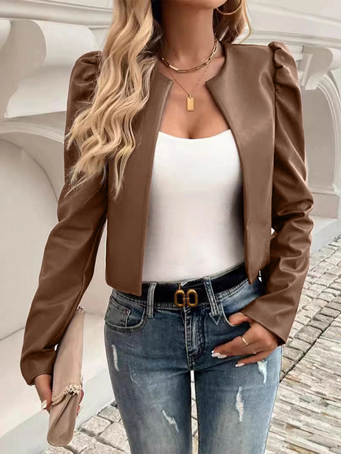 Shop the Best Deals Dont Miss This Offer Pu Leather Open Front Puff Sleeve Jacket