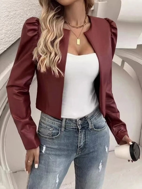 Pu Leather Open Front Puff Sleeve Jacket Grab Your Savings Mega Discount Today