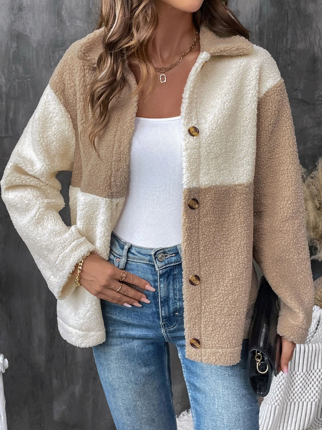 Perfee Color Block Collared Neck Long Sleeve Jacket Hot Offer Ending Soon