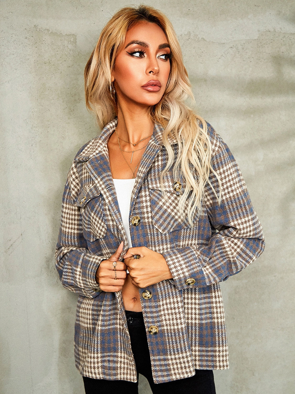 Plaid Button Down Collared Jacket Save More Now