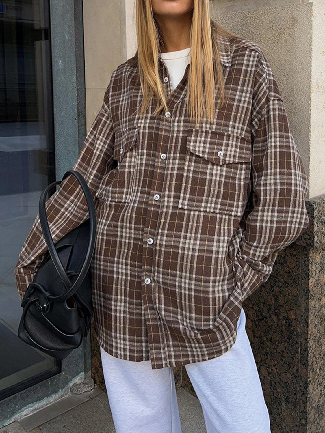 Today Only Discount Alert Best Seller Deal Pocketed Plaid Button Up Shacket