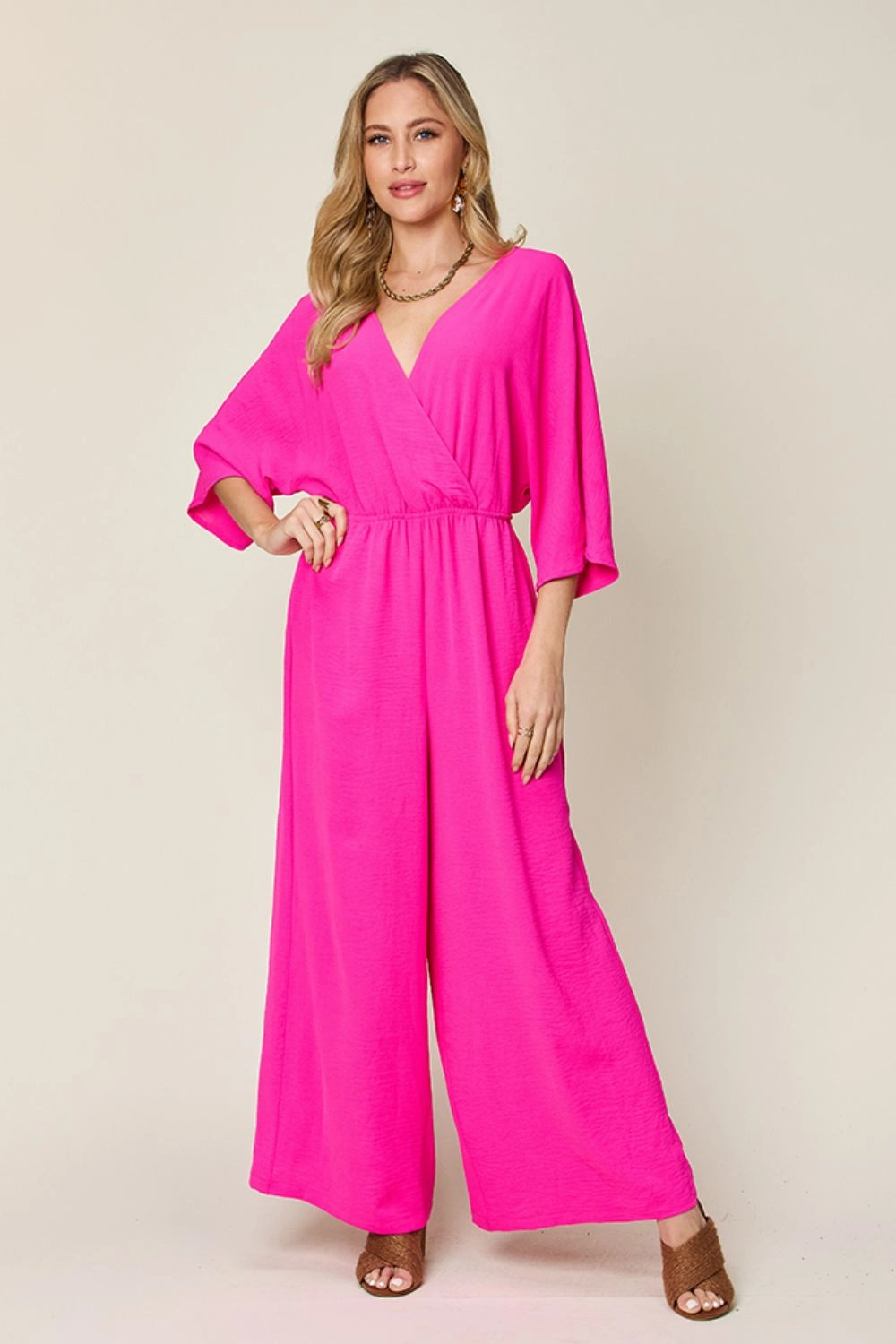 Double Take Full Size Surplice Wide Leg Jumpsuit With Pockets Best Deal Online