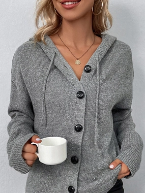 Drawstring Button Up Hooded Cardigan Perfect Gift Offer
