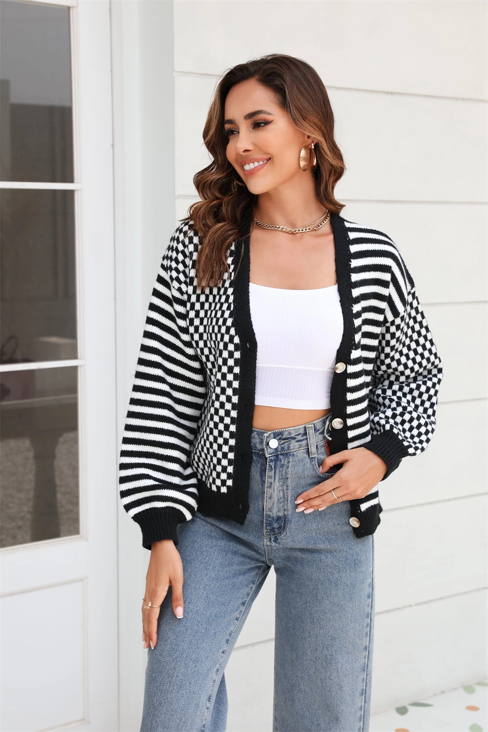 Angel Wings Button-Down Stripe & Plaid Contrast Pattern Cardigan Clearance Event Hot Offer Inside