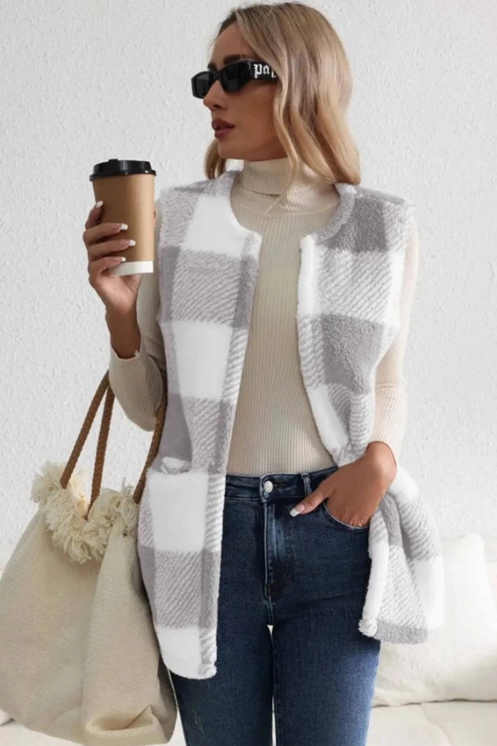 Flash Offer Today Sherpa Plaid Open Front Vest Coat