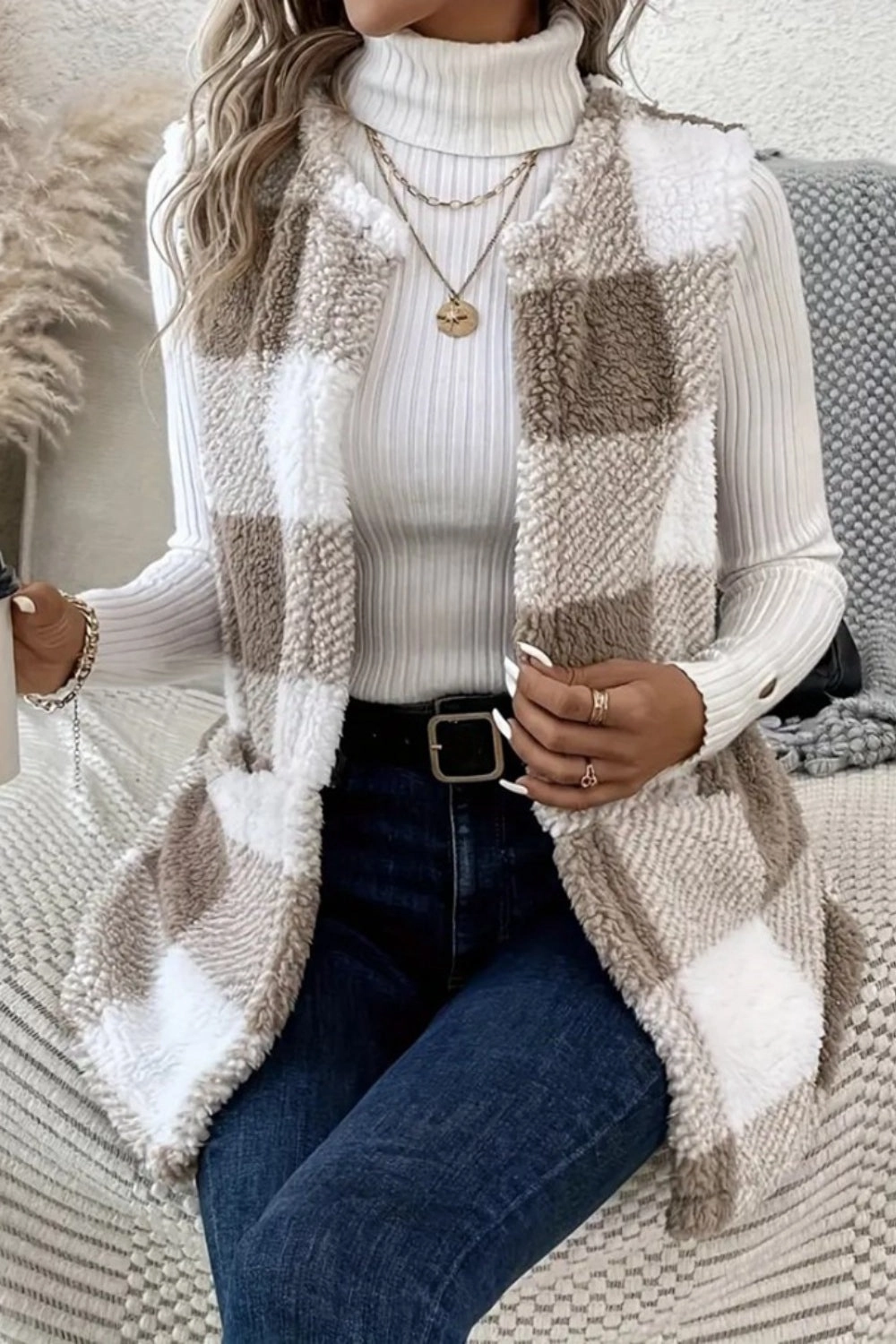 Exclusive Holiday Deal Shop Grab Savings Sherpa Plaid Open Front Vest Coat