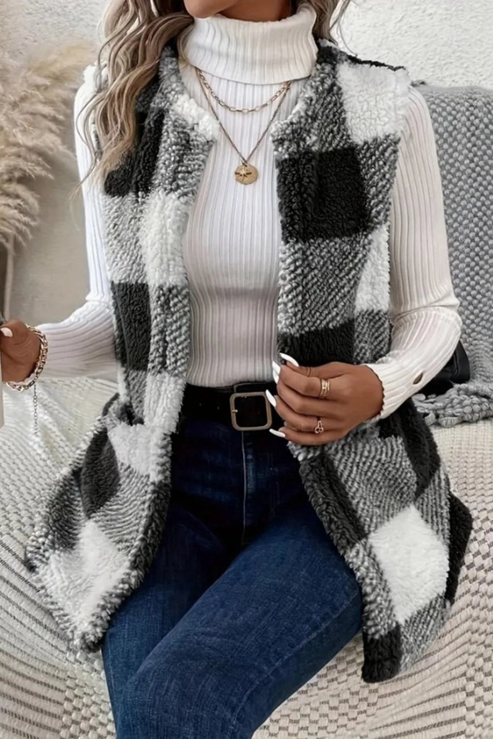 Weekend Flash Offer Trending Today Steal Sherpa Plaid Open Front Vest Coat