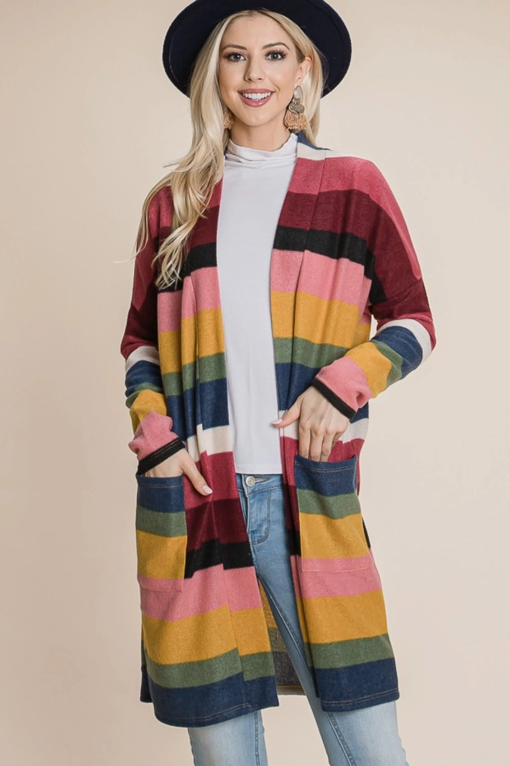 MustShop Sale Bombom Color Block Striped Open Front Cardigan