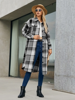 Plaid Pocketed Button Up Trench Coat Perfect Gift Sale
