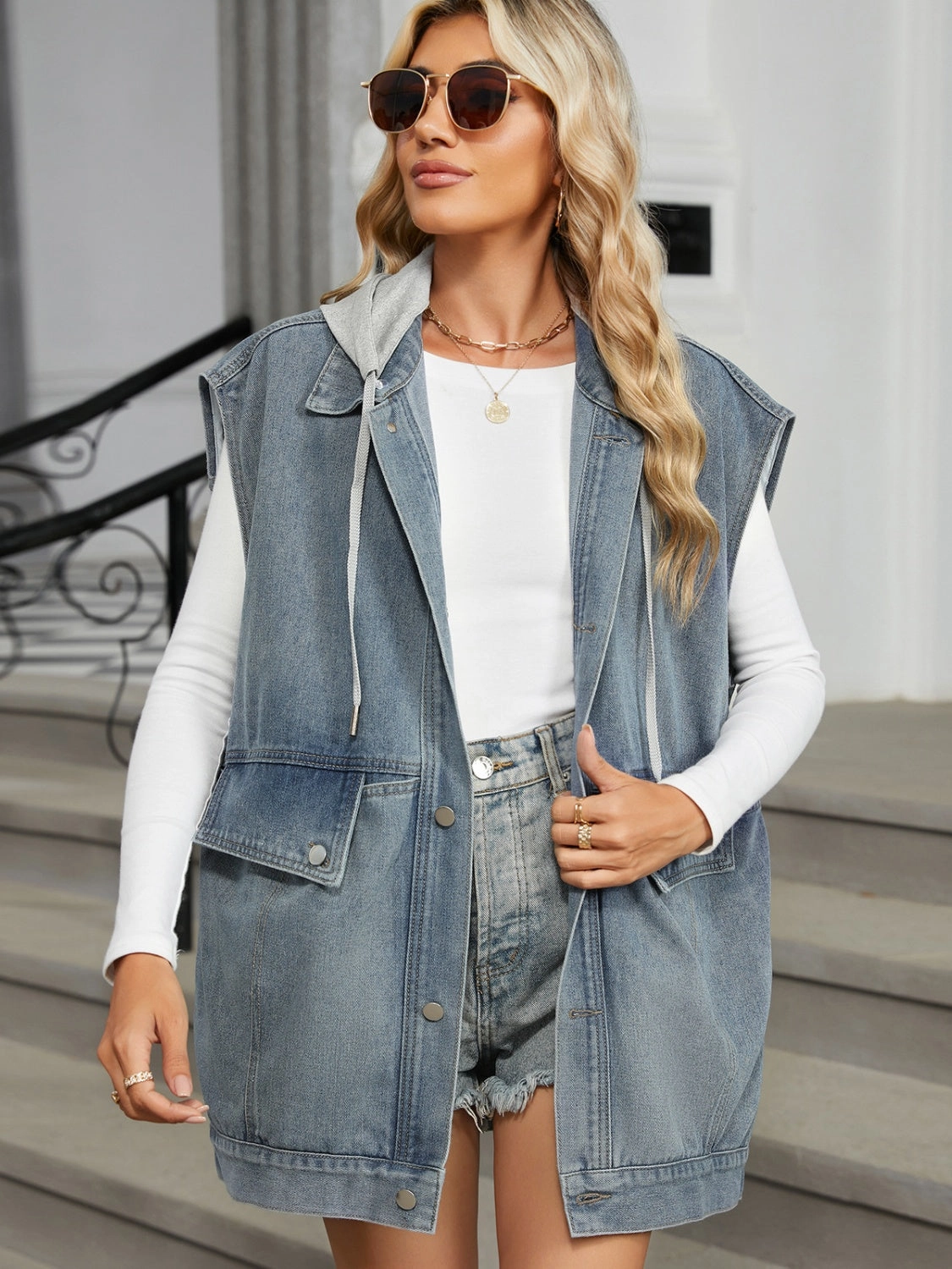 MustHave Items Removable Hood Button Up Cap Sleeve Denim Jacket