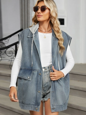 Best Deal Today Removable Hood Button Up Cap Sleeve Denim Jacket