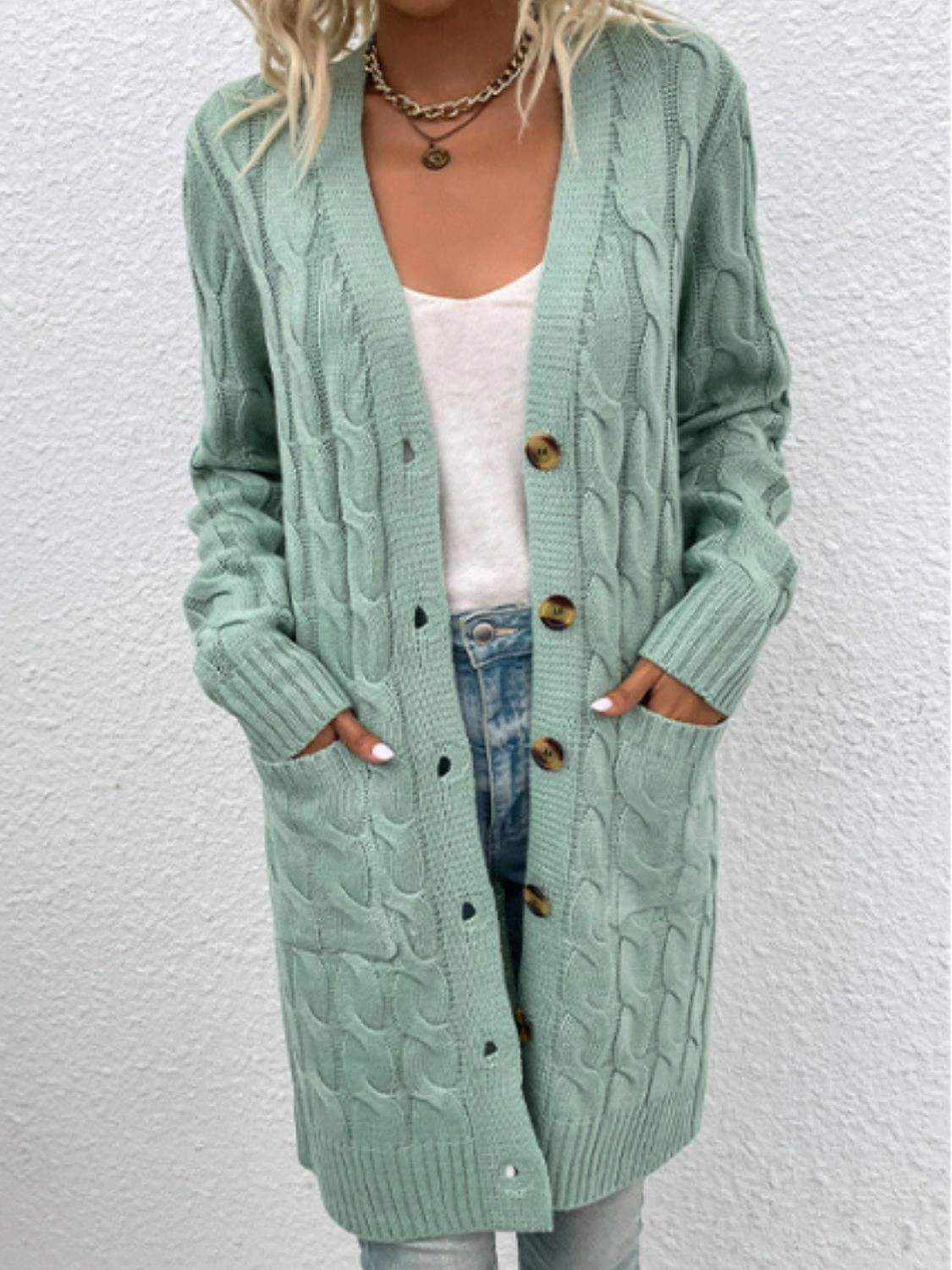 Cable-Knit Button Down Cardigan With Pockets Limited Stock Alert Mega Hot Offer