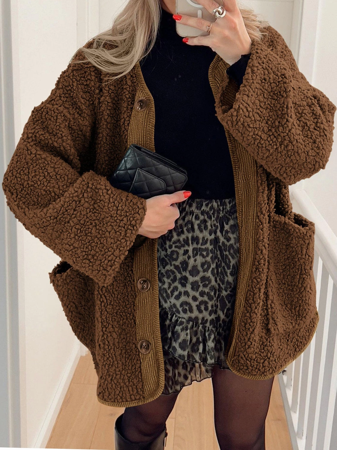 Contrast Button Up Sherpa Jacket With Pockets Grab Your Savings