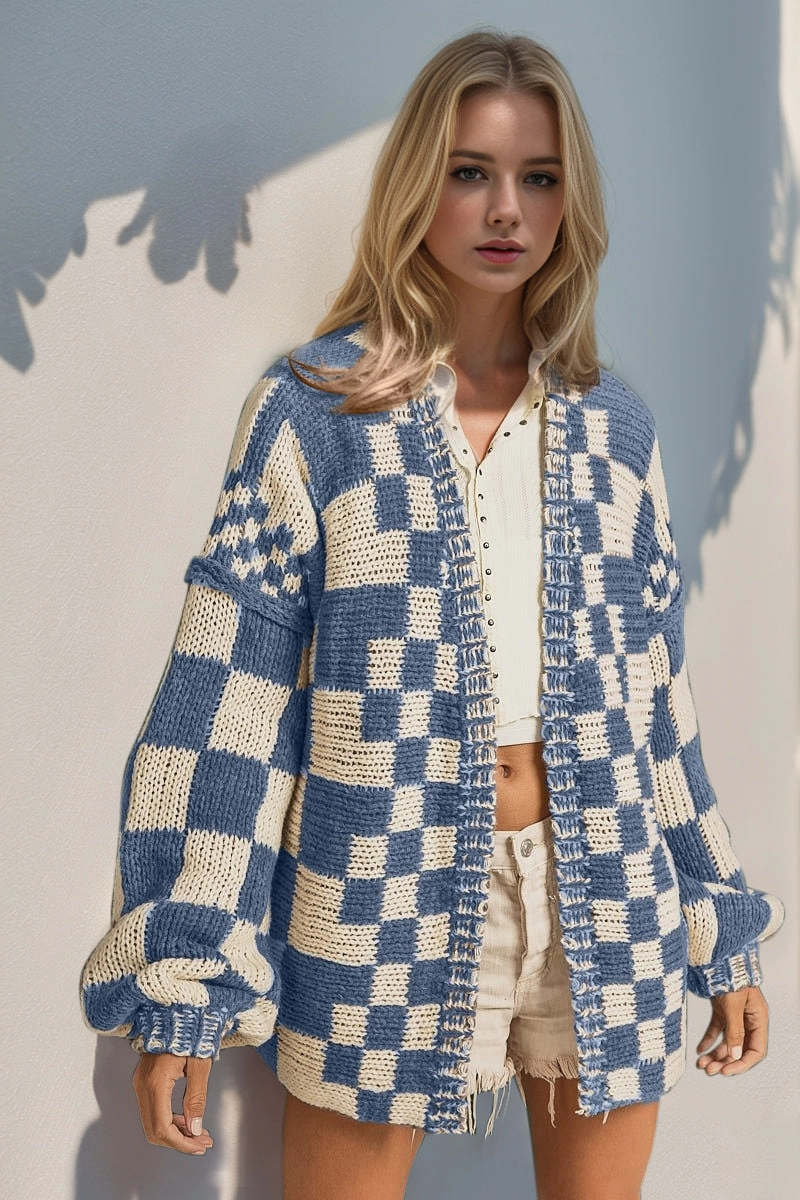 Hot Offer Inside Double Take Full Size Open Front Checkered Drop Shoulder Cardigan