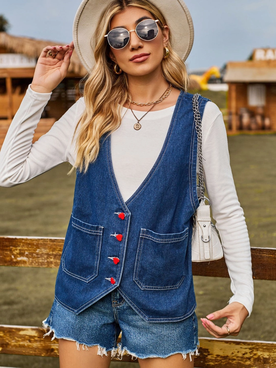 Pocketed Button Up Sleeveless Denim Jacket Instant Savings Deal Mega Hot Offer