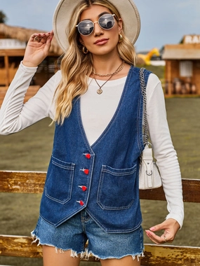 Pocketed Button Up Sleeveless Denim Jacket Flash Pick Today Trending Deals Today