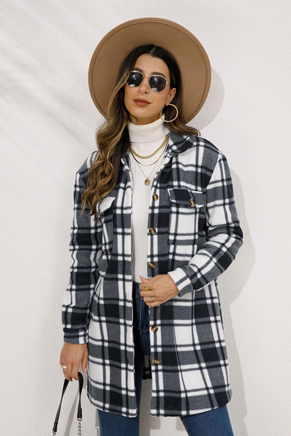 Exclusive Online Offer Shiny Plaid Collared Longline Coat