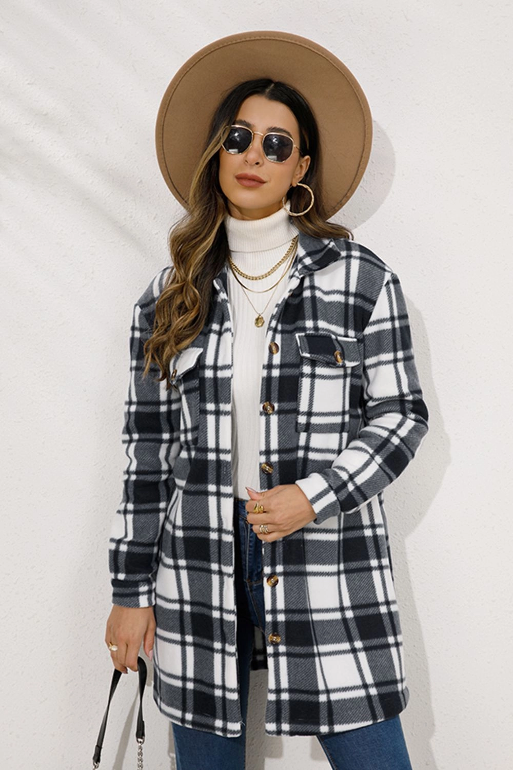 Best Price Online Shiny Plaid Collared Longline Coat