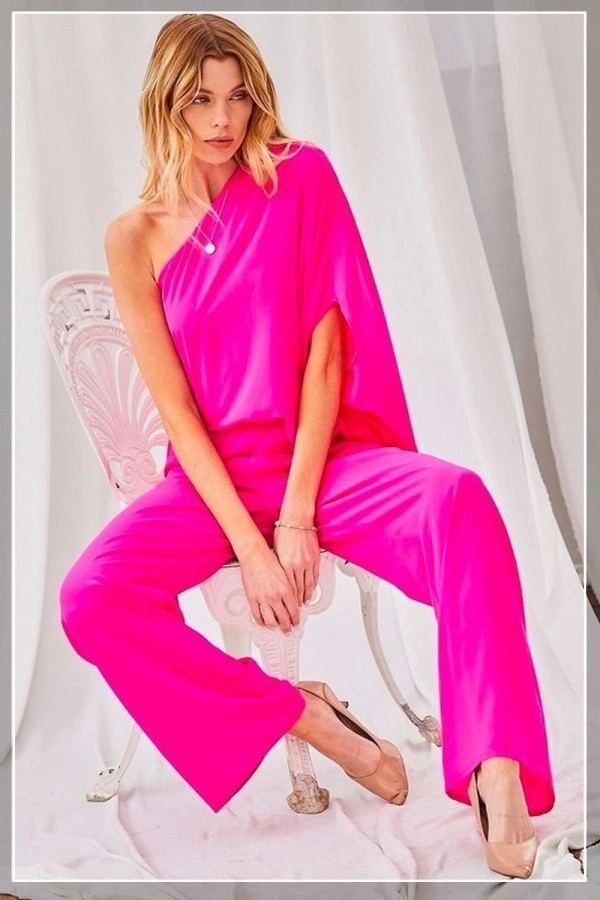 One Shoulder 3/4 Sleeve Unbalanced Waist Elastic Solid Pants Jumpsuit New Arrival Discount