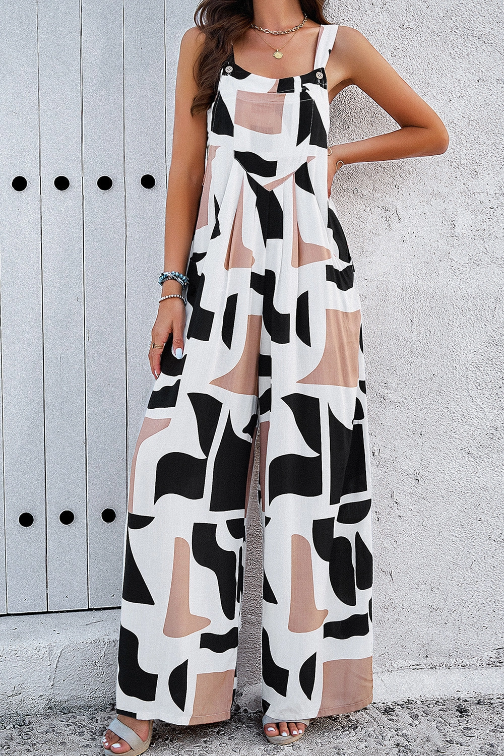 Hot Price Drop Devine Printed Wide Strap Jumpsuit With Pockets