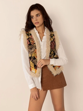 Embroidered Fuzzy Trim Open Front Vest Coat Dont Miss These Savings Trendy Picks Today
