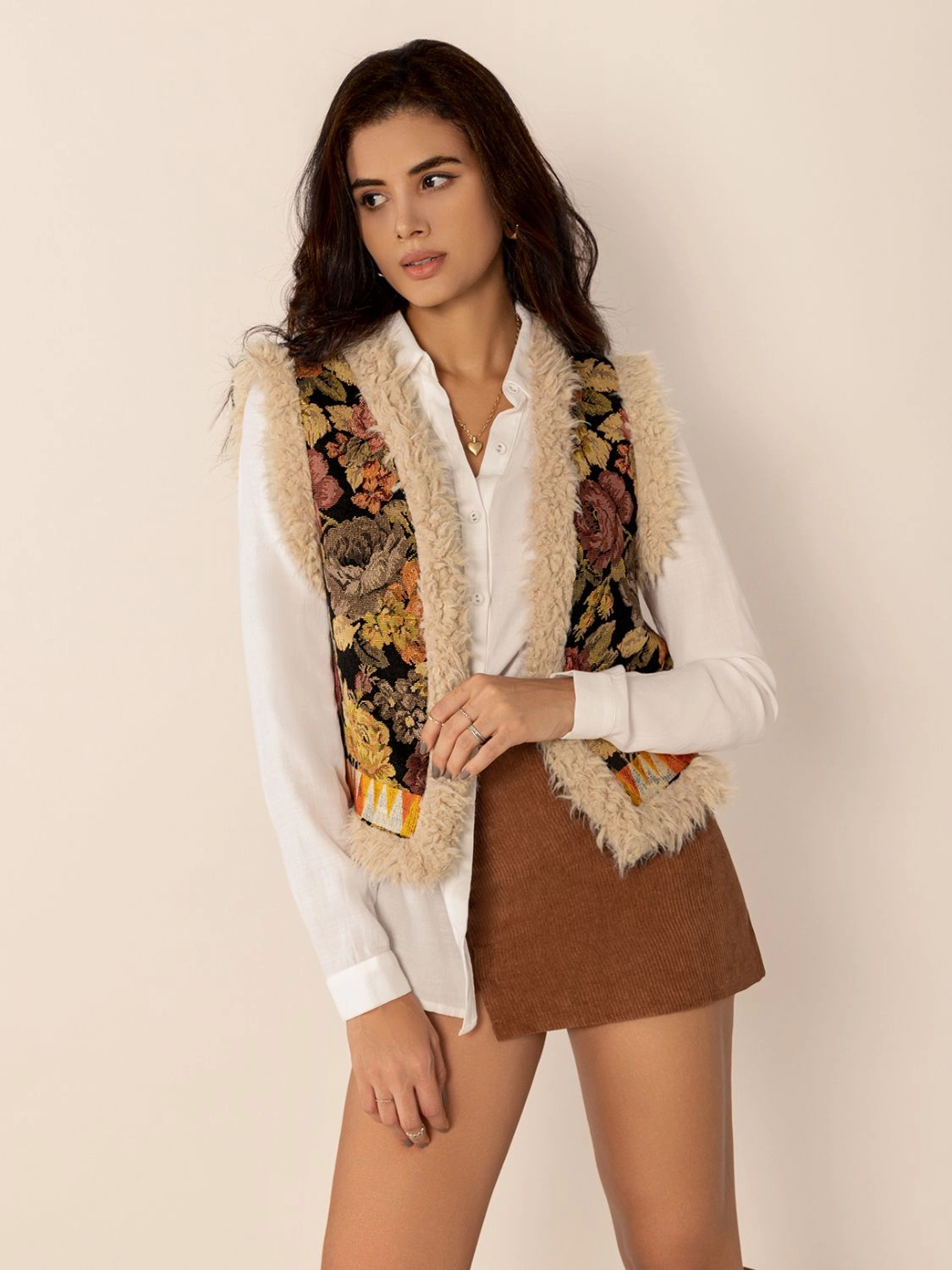 Embroidered Fuzzy Trim Open Front Vest Coat Dont Miss These Savings Trendy Picks Today