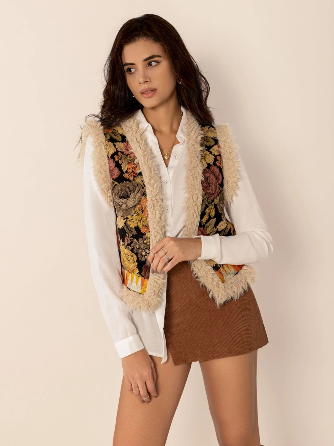 Embroidered Fuzzy Trim Open Front Vest Coat Trending Savings Now