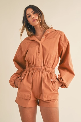 Mable Snap Down Long Sleeve Hooded Romper Save Big Today