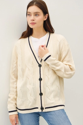 Hot Deal Alert Deal of the Day Be Cool Contrast Trim Cable-Knit V-Neck Cardigan