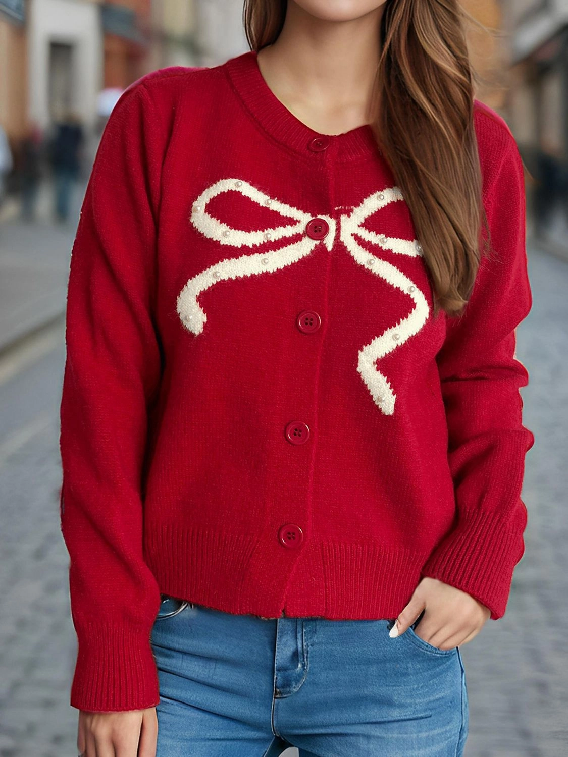 Bow Button Down Round Neck Cardigan Hot Clearance Now Limited Edition Offer