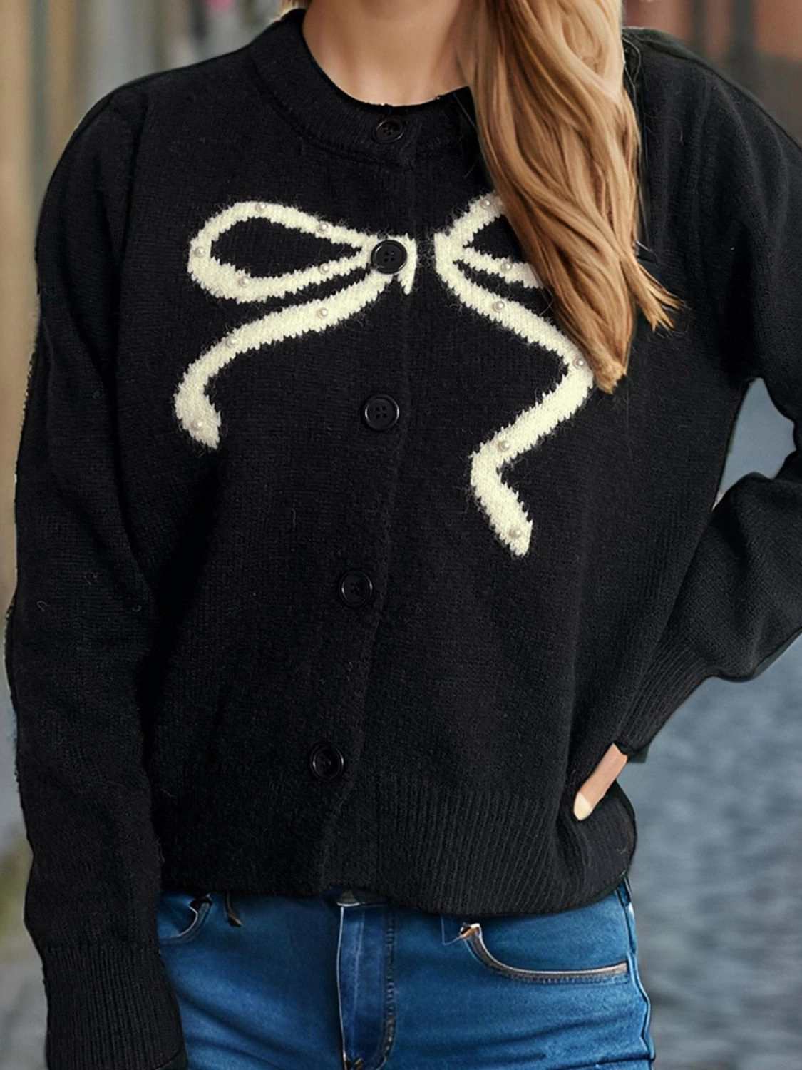 Big Savings Alert Bow Button Down Round Neck Cardigan