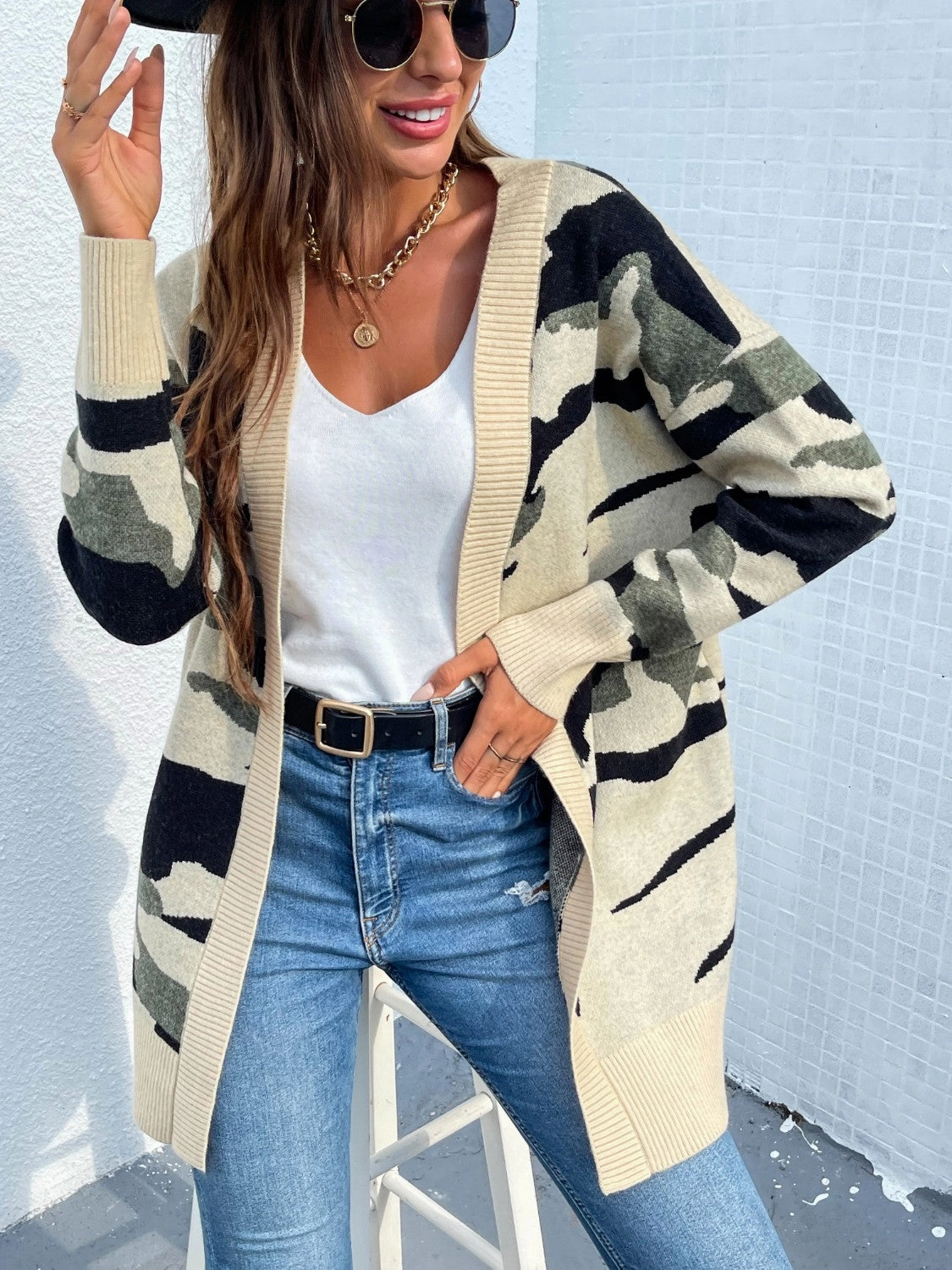 Flash Deal Alert Limited Offer Alert Camouflaged Dropped Shoulder Open Front Cardigan