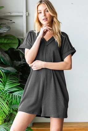 MustHave Gift Ideas Hot Sale Frenzy Heimish Full Size Short Sleeve Ribbed Romper With Pockets