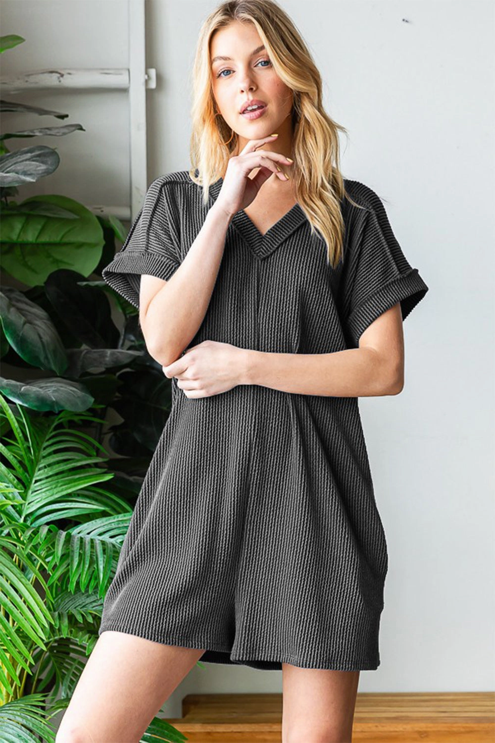 Online Exclusive Deal Grab It Now Heimish Full Size Short Sleeve Ribbed Romper With Pockets