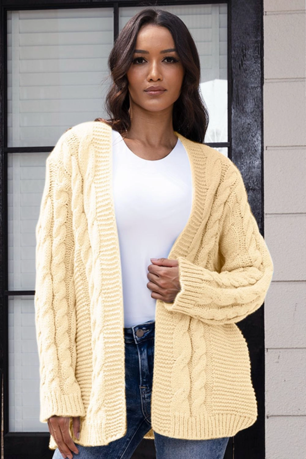 Save Big Online Exclusive Deal Inside Open Front Cable-Knit Cardigan